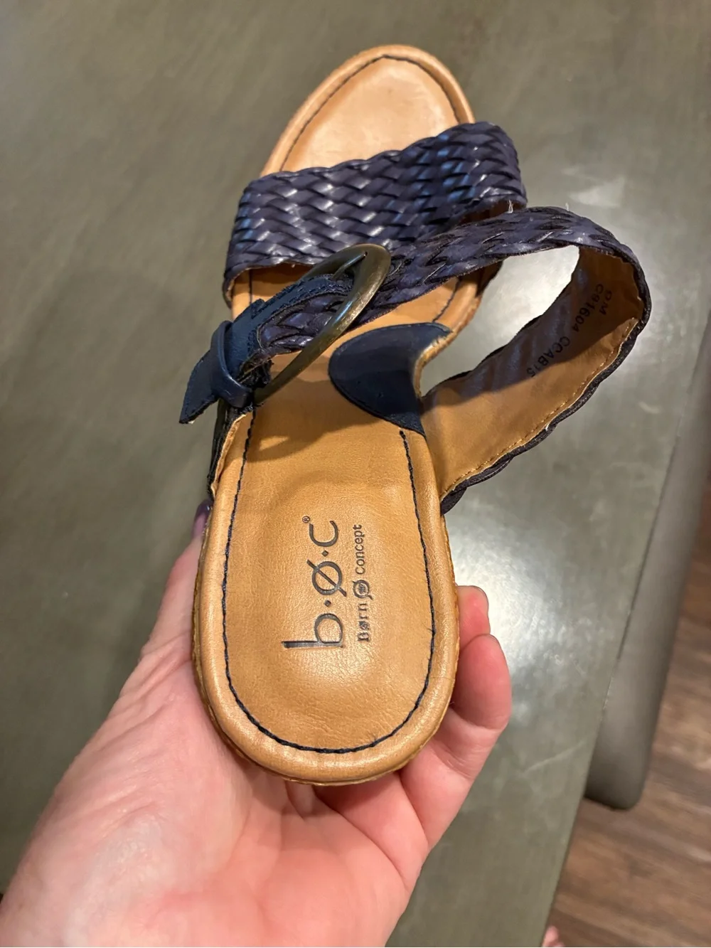 boc Navy Woven Buckle Wedge Sandals